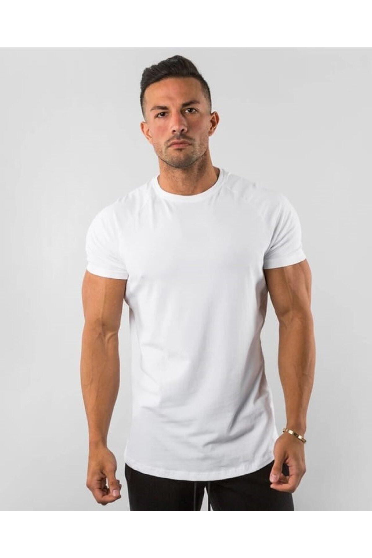 Beyaz Erkek Basic %100 Pamuk Bisiklet Yaka T-shirt