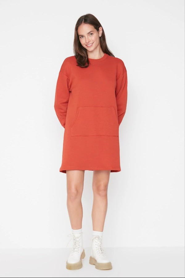 Solid Round Neck Long Sleeve Shift Dress